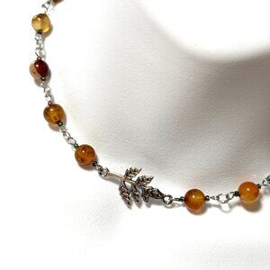 Genuine Earthy Carnelian Agate Short Necklace, Gemstone & Leaf Branch Pendant